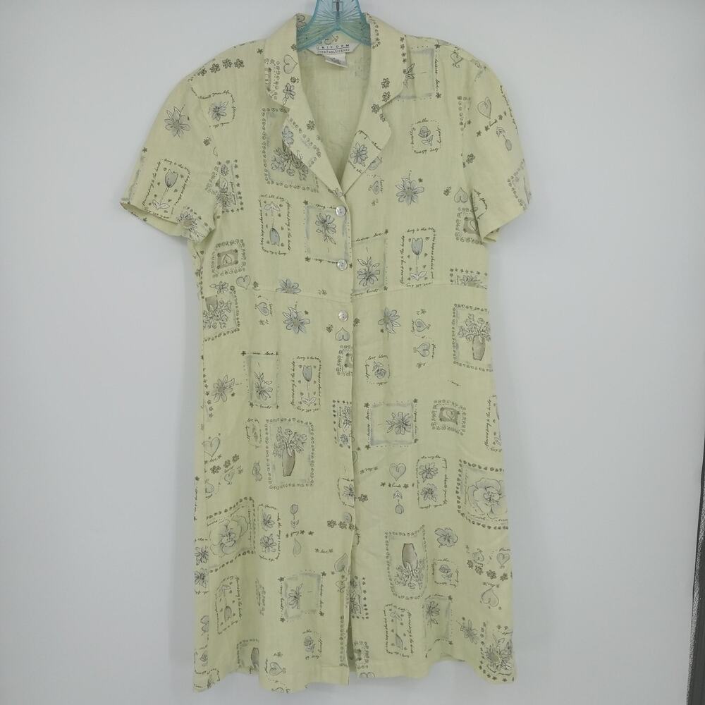 John Paul Richard Uniform Linen Shirt Dress Green Floral Script Button Front Med